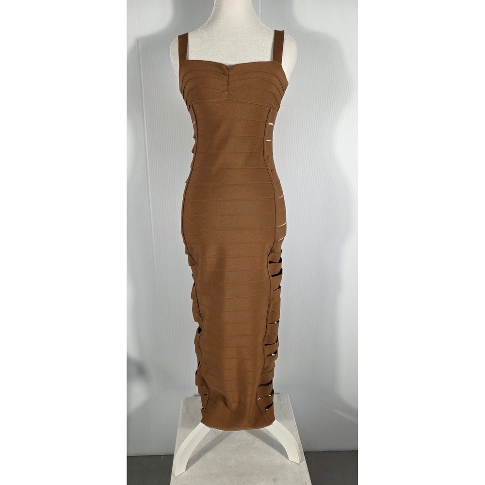 Fashion Nova Brown Bandage Cutout Midi Dress Spaghetti Strap Bodycon Women's S - Picture 7 of 8